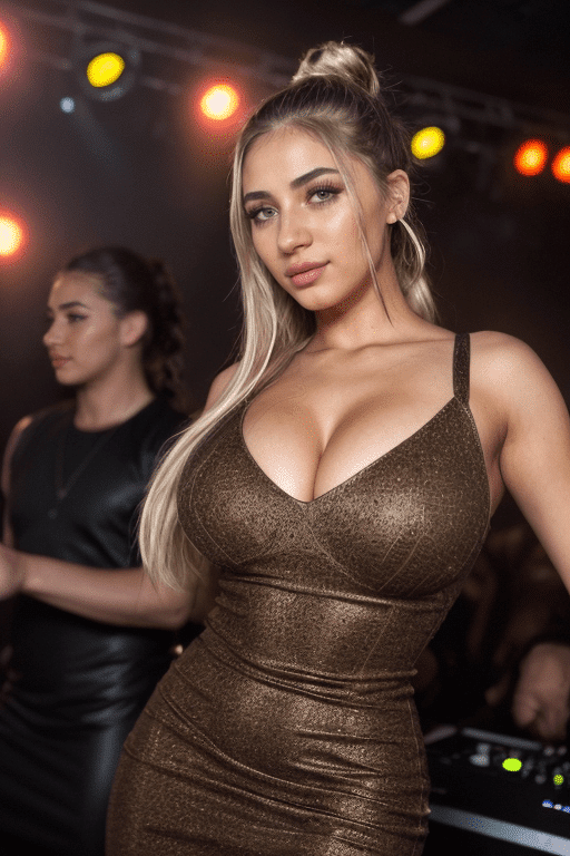 A gorgeous latina wearing a brown pencil dress while being in a disco club