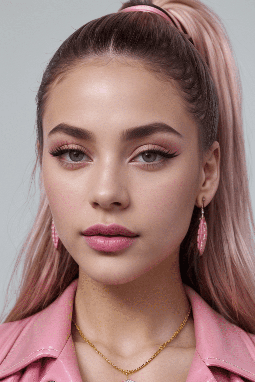 Headshot of a beautiful woman with pink hair and lipstick