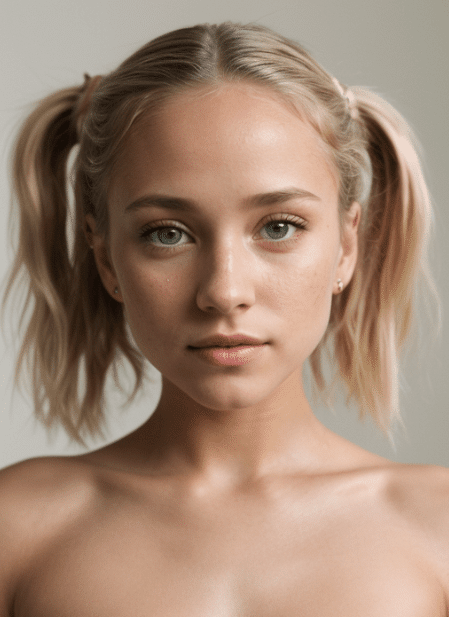 Headshot of a blonde woman with pigtails and green eyes
