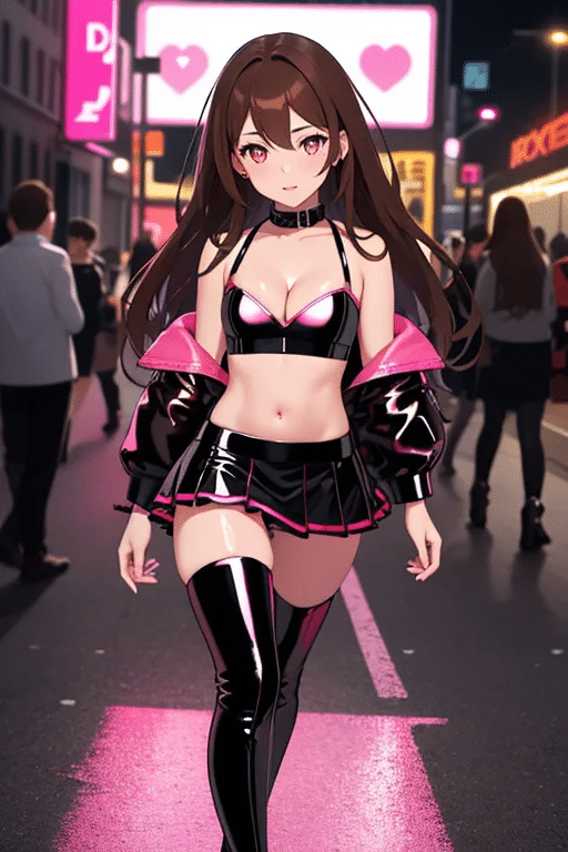 Brunette anime girl in black outfit walking down a catwalk